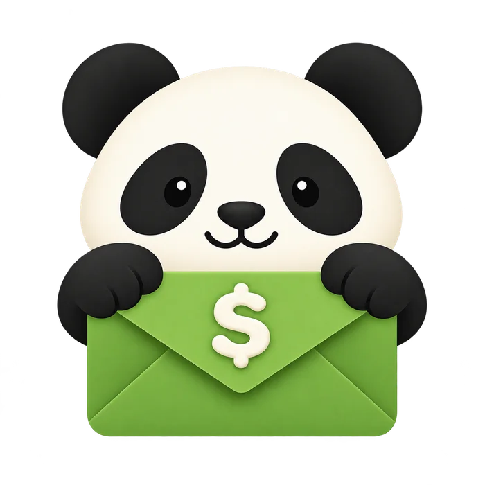 Panda Budget’s panda holding a green money envelope